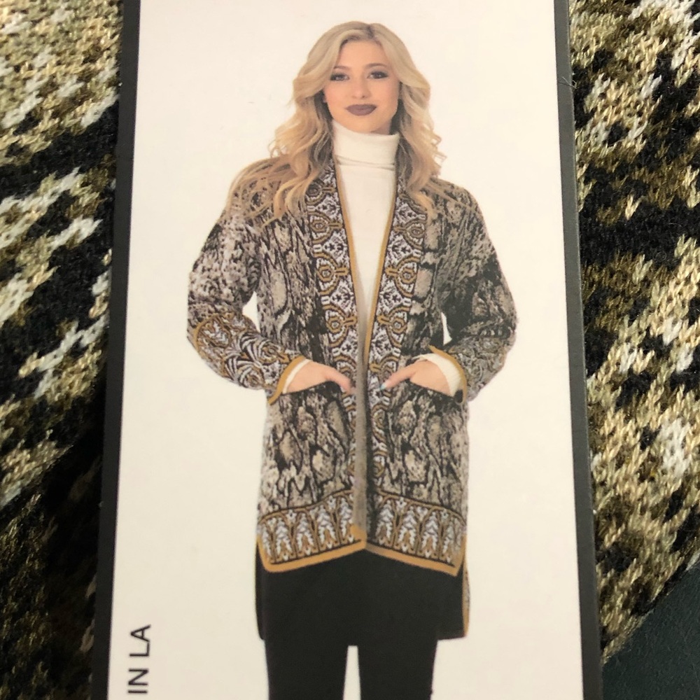 NEW Vertigo Wool Blend Open Long Duster Cardigan Sweater, Size Medium Black Gold